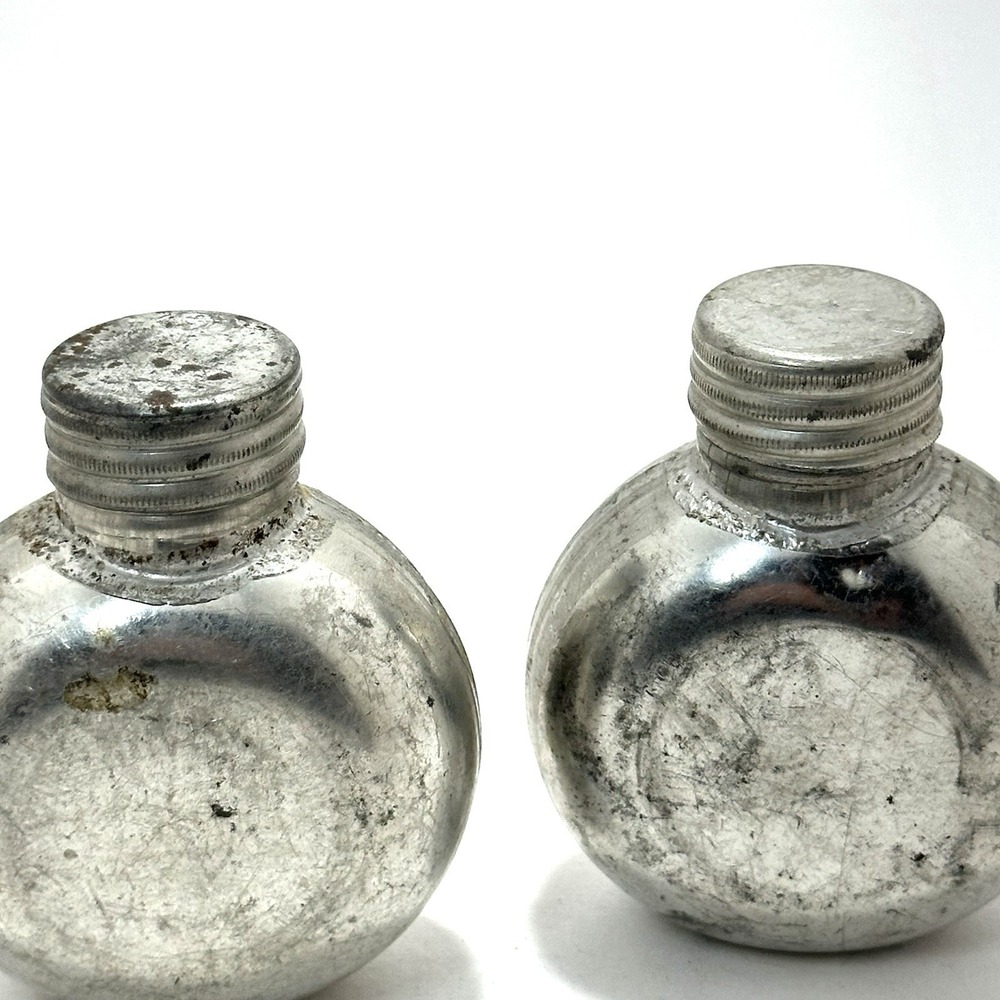 Vintage Steel Gun Oil Bottles Pair Round Military Rifle Oiler Screw Cap - Picture 7 of 10